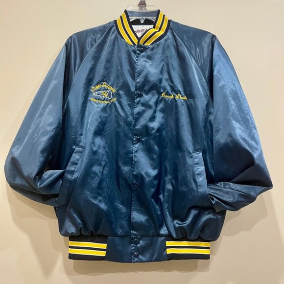 Y2K SATIN VARSITY BOMBER JACKET WESTSTARK TRENDY  SZ L BLUE/YELLOW MADE IN USA - Picture 4 of 16